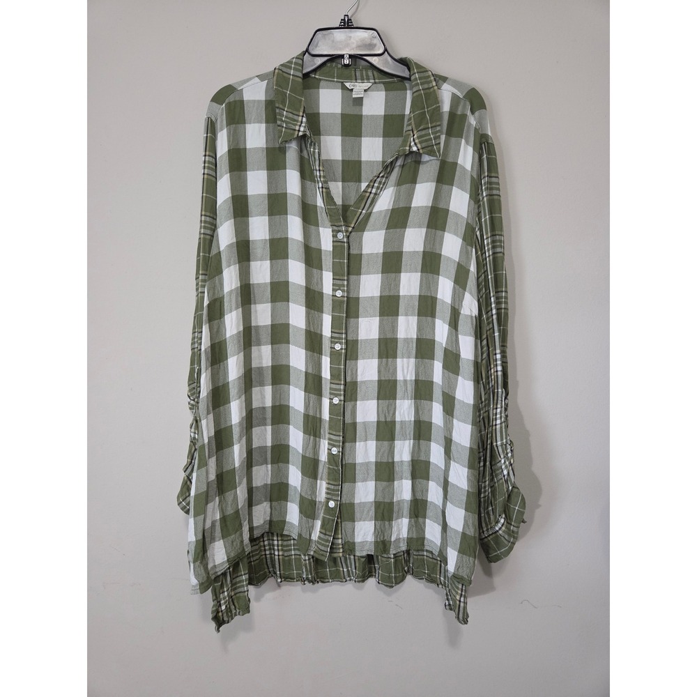 Cato Womens Plus Size 26/28W Olive Green Buffalo Check Plaid Mixed Print Blouse